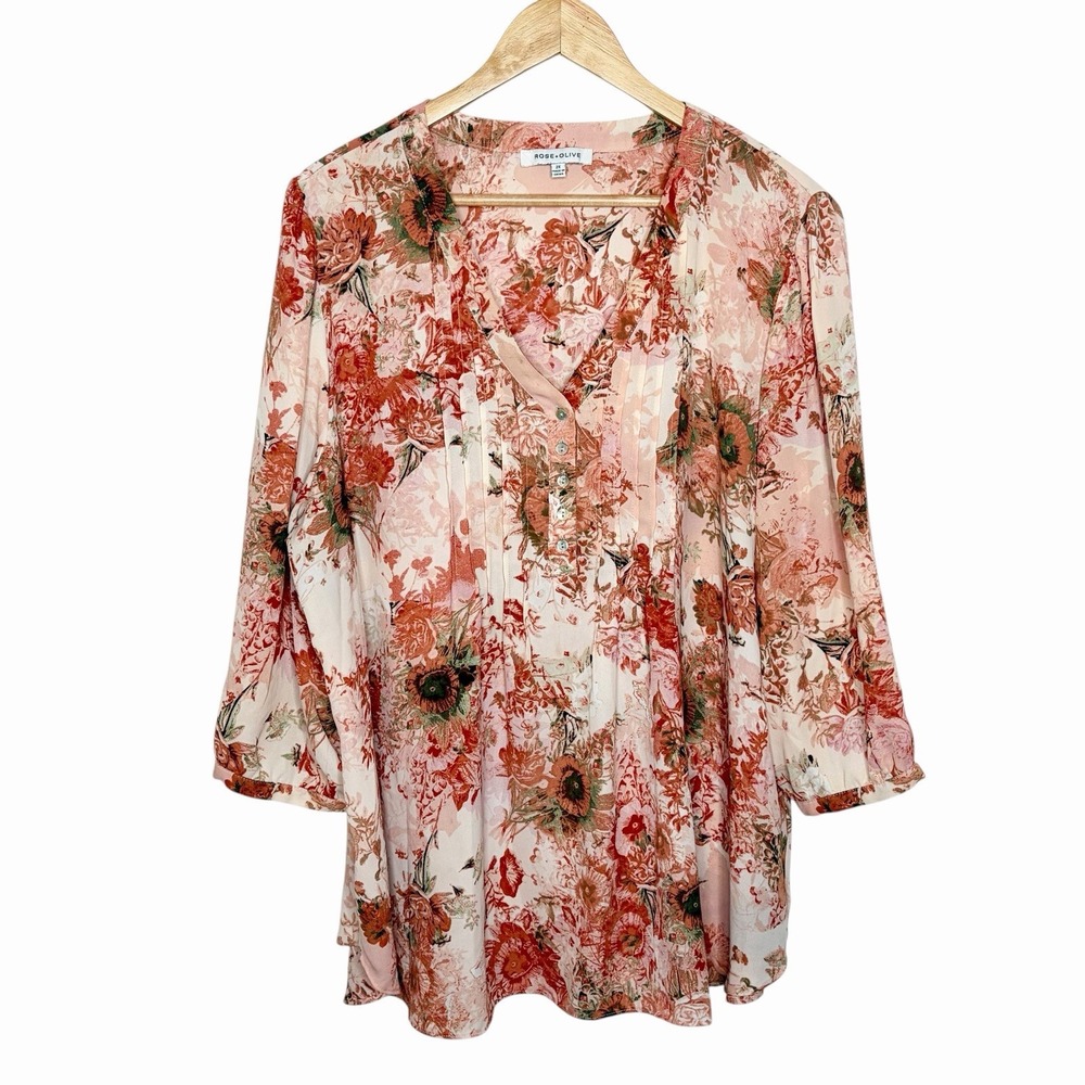 Rose And Olive Floral Print Blouse Top Pink Womens Size 2X Chiffon 3/4 Sleeve